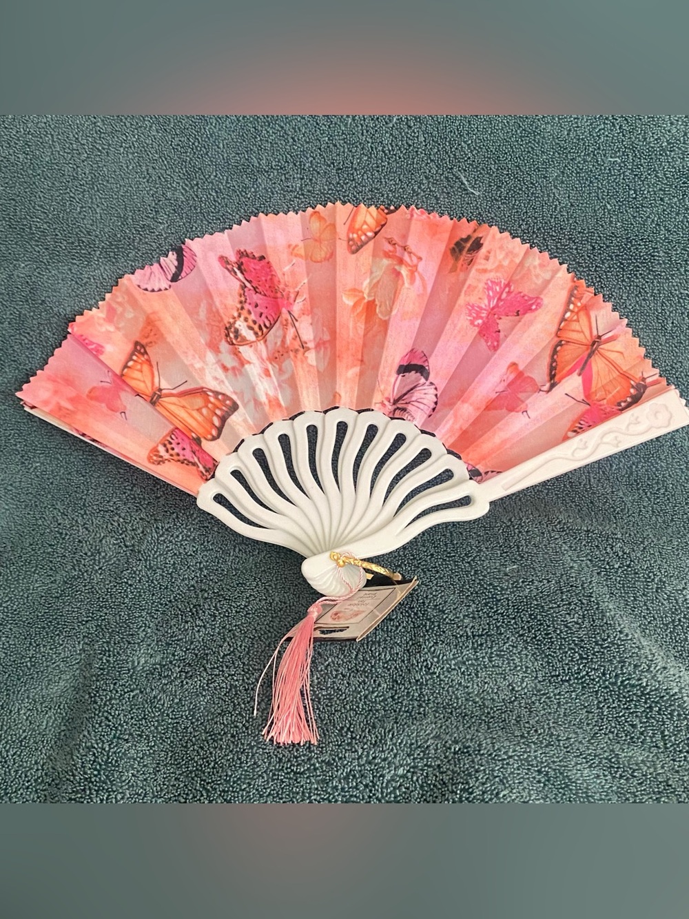 New Folding Hand Fan Pink Butterflies Plastic Handle Nylon Blades 15”W 9”H